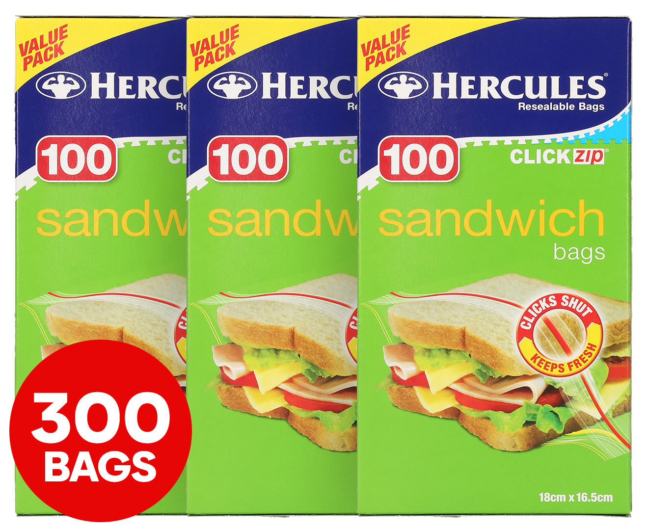 3 x 300pc Hercules Click Zip Resealable Sandwich Bag 18x16.5cm Food Storage BPA Free